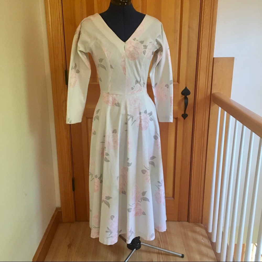 RARE Vintage 80s Janet Russo Nantucket NYC Long Sleeve V-Neck MIDI Dress Size 4